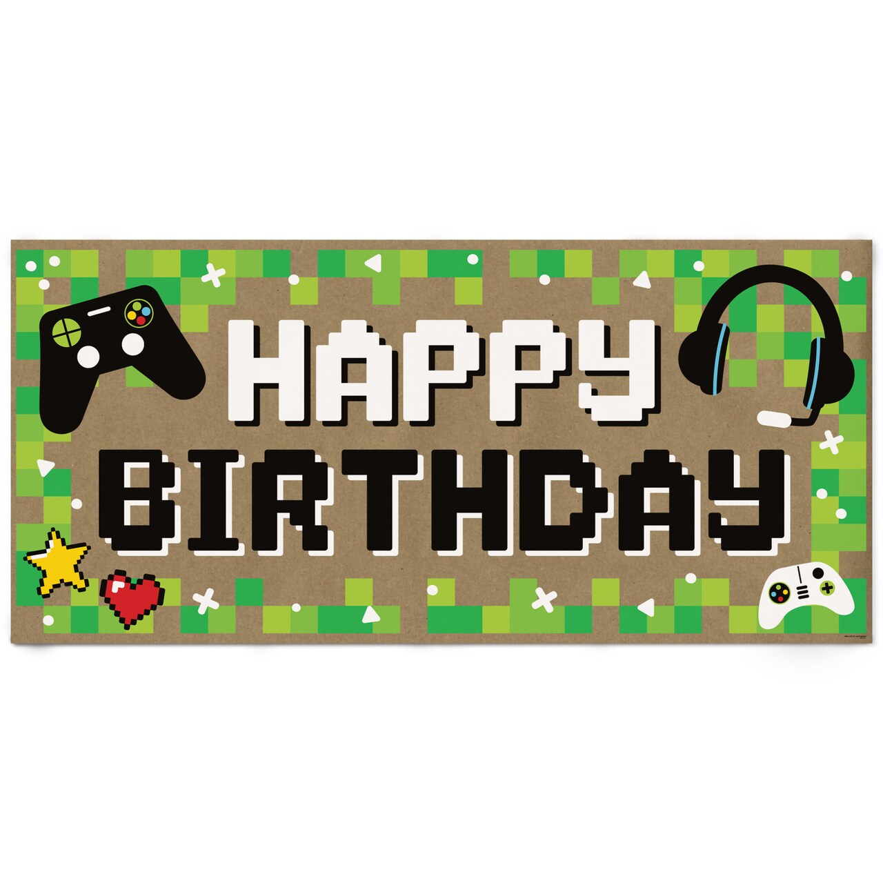 Big Dot of Happiness Video Game Kraft Paper Banner, Pixel Game Zone Happy Birthday Party Banner, Printed Brown Paper Party Sign Decoration – 1 Count